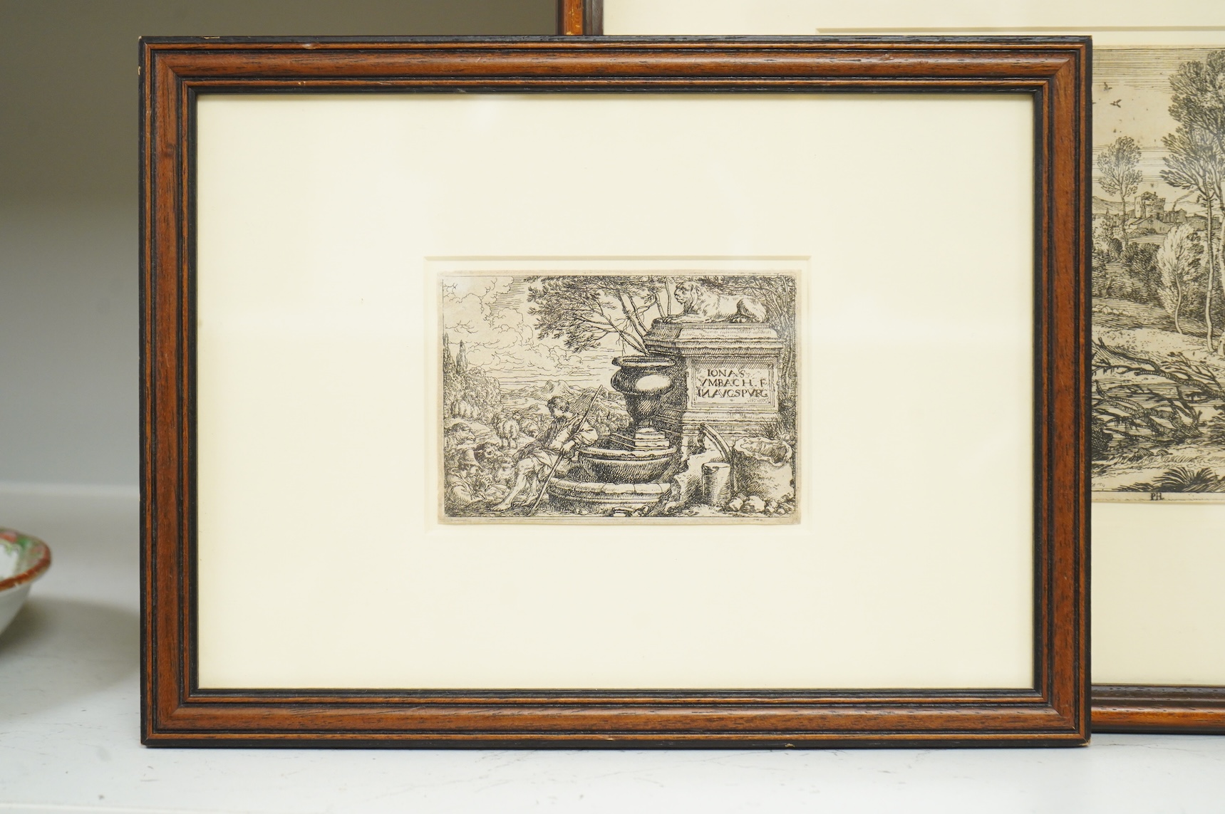 After Jonas Umbach the elder (German, 1624–1693), ‘Italian Landscape with Ruins’, etching and after Adriaen van der Cabel (Dutch, 1631-1705), Landscape with woman Walking Along the River’, etching, largest 15 x 23cm